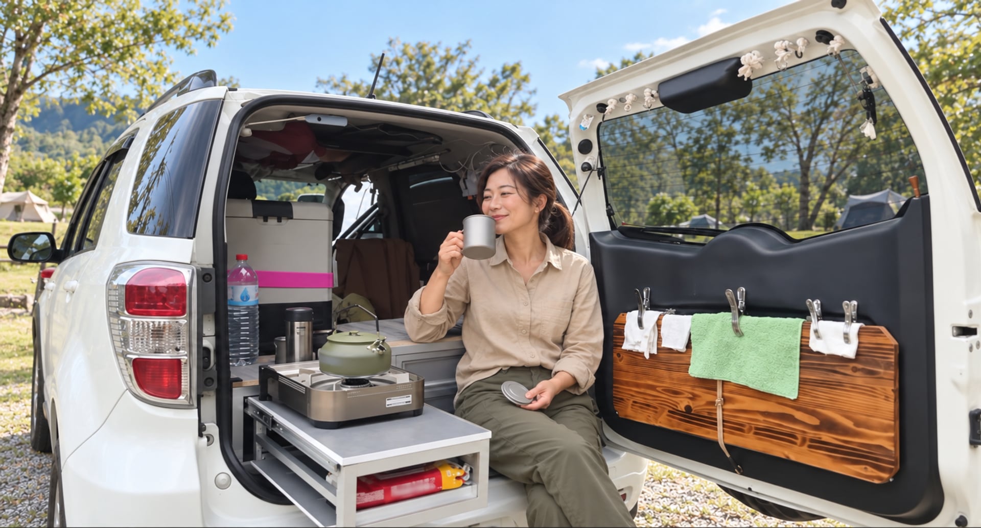 約40歲女性在露營地車尾喝茶的AI情境圖，非客戶實際出遊紀錄