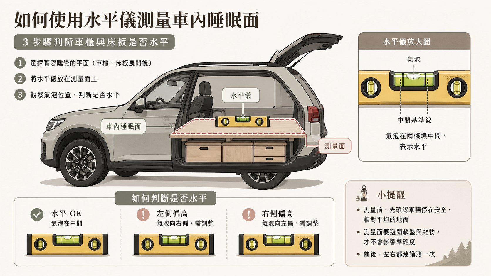 使用水平儀確認車內床面是否平整