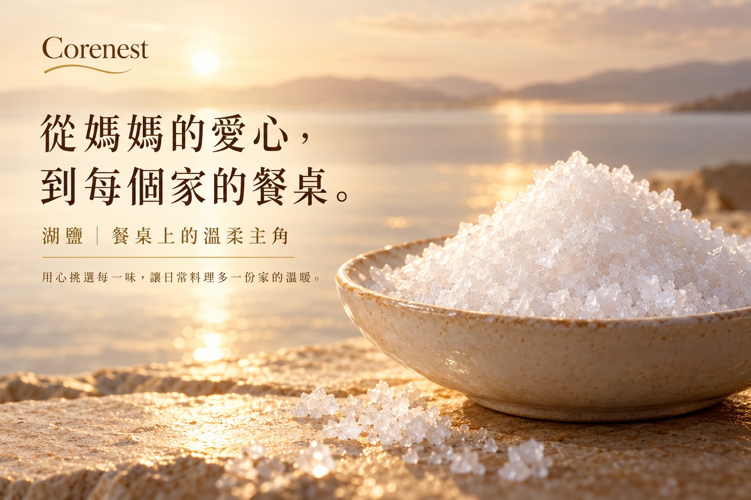 Corenest 湖鹽主視覺：夕陽湖畔的一碗晶瑩湖鹽——從媽媽的愛心，到每個家的餐桌