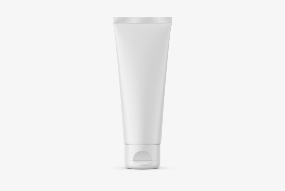 ream & Lotion Tube Mockup Clean white cosmetic tube, suitable for facial creams, moisturizing lotions, or sunscreens in customized skincare manufacturing.