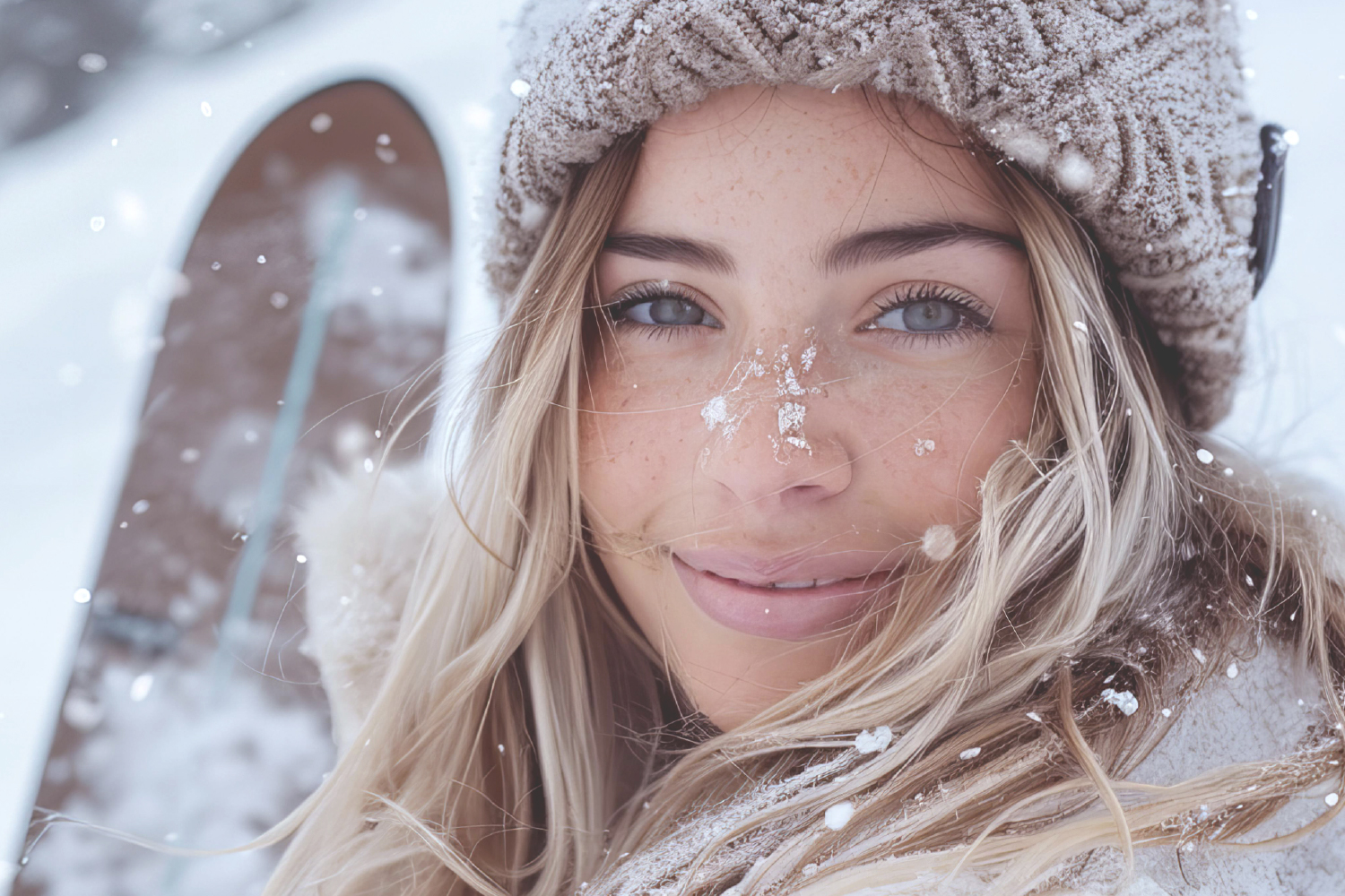 Smiling woman in snowy outdoor scene - illustrating OEM/ODM eyelash adhesive's resistance to freezing temperatures and cold weather performance.