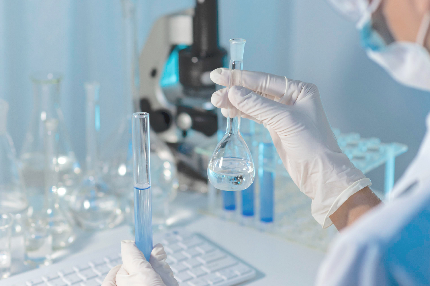 Lab technician conducting safety test in sterile laboratory environment, ensuring compliant and secure product manufacturing