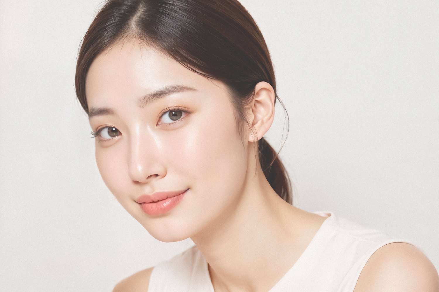 Asian woman with healthy glowing skin, representing visible skincare results in staged phases.