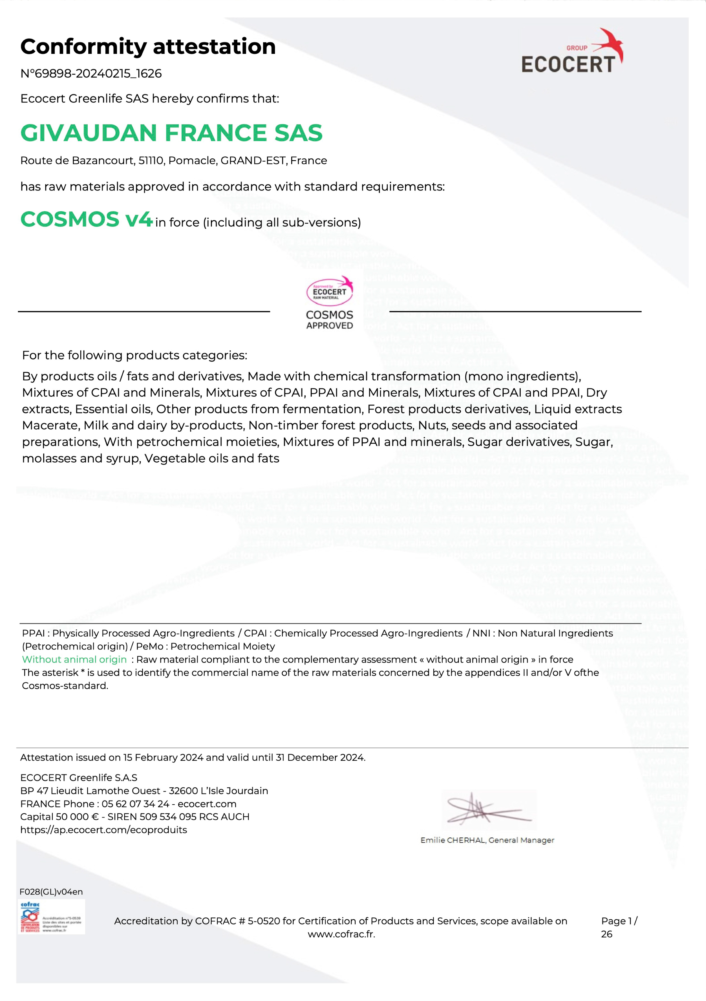 COSMOS certified document for one-flower extract