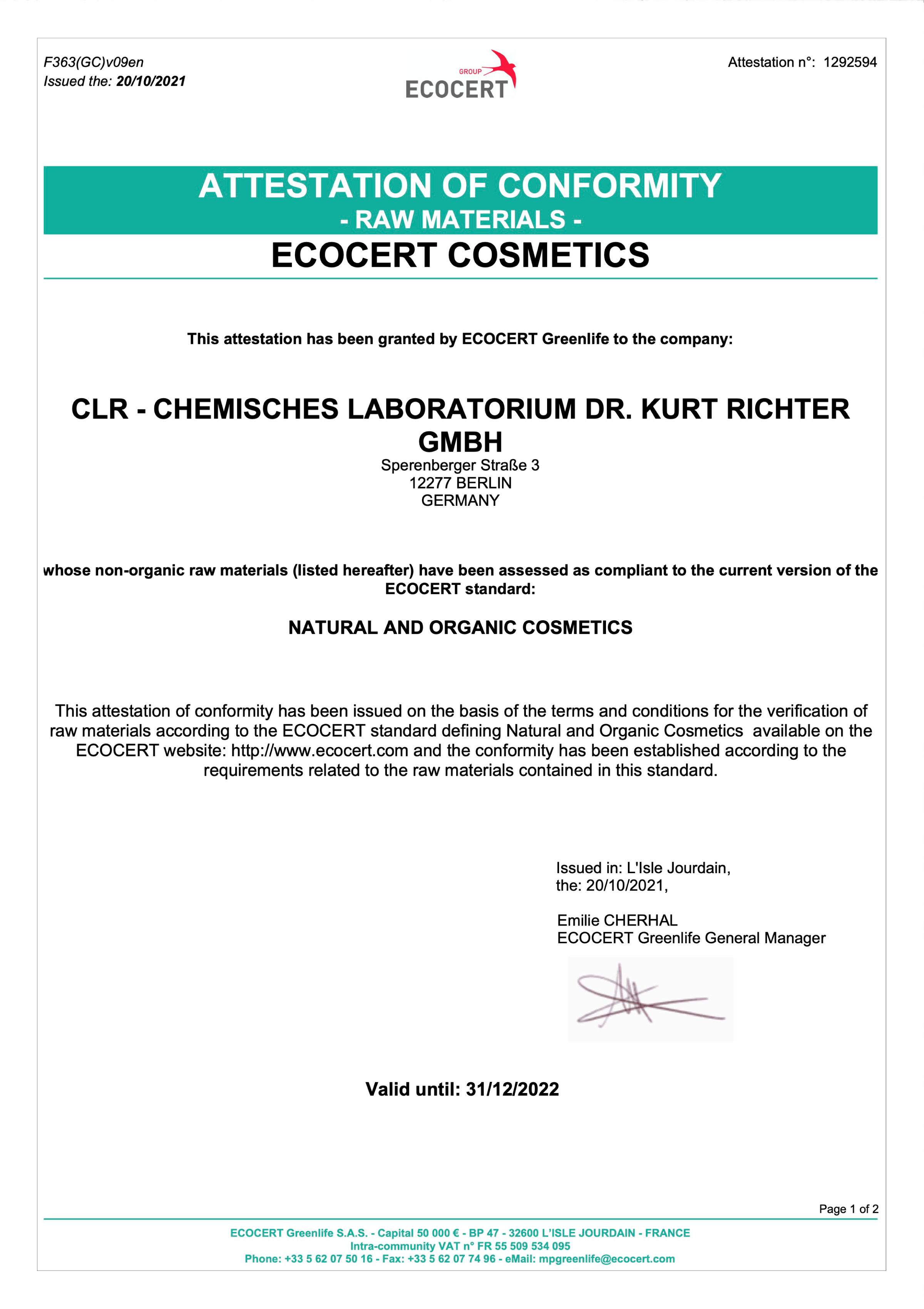 ECOCERT certified document for probiotic ingredients