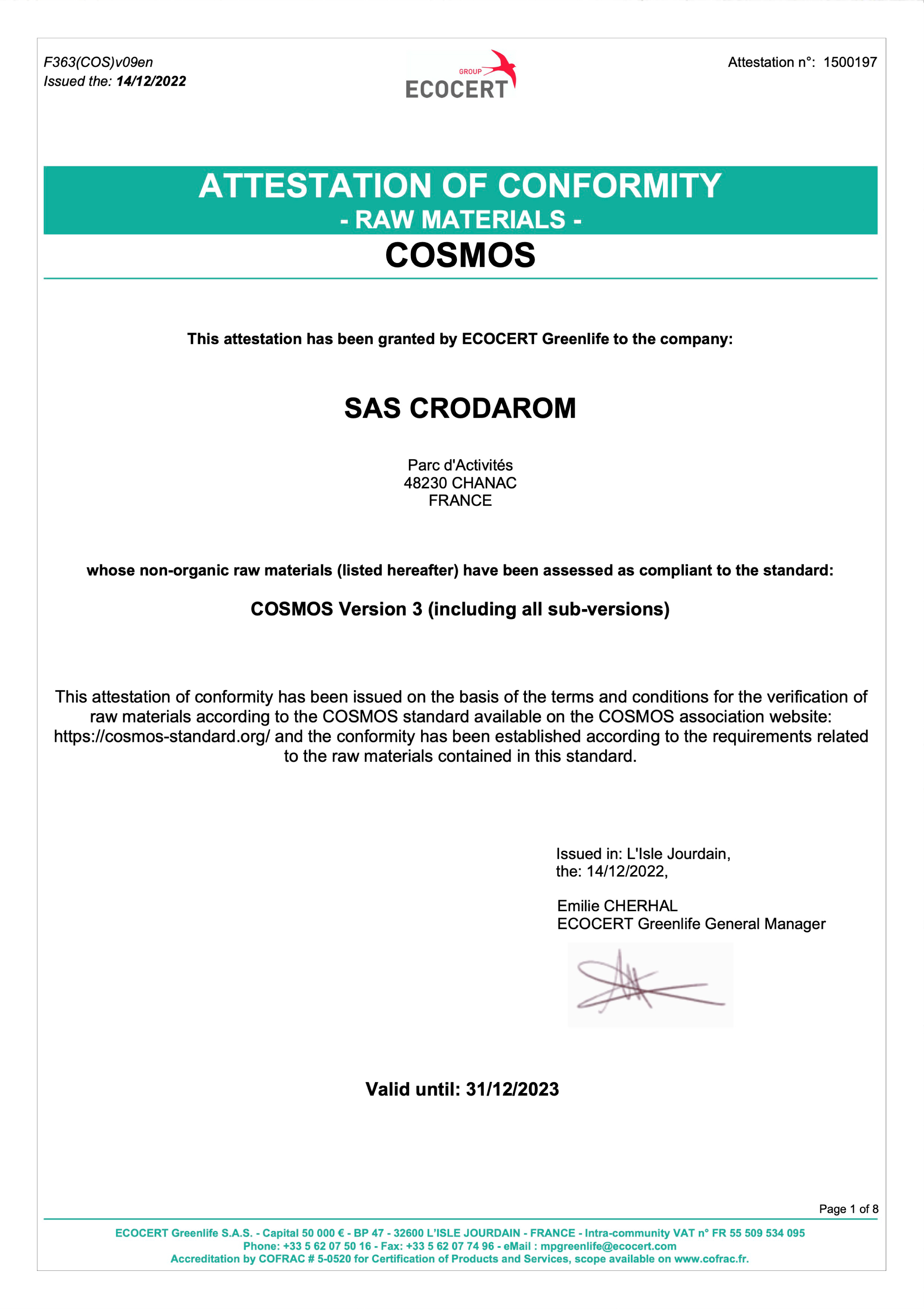 ECOCERT certified document for cranberry extract