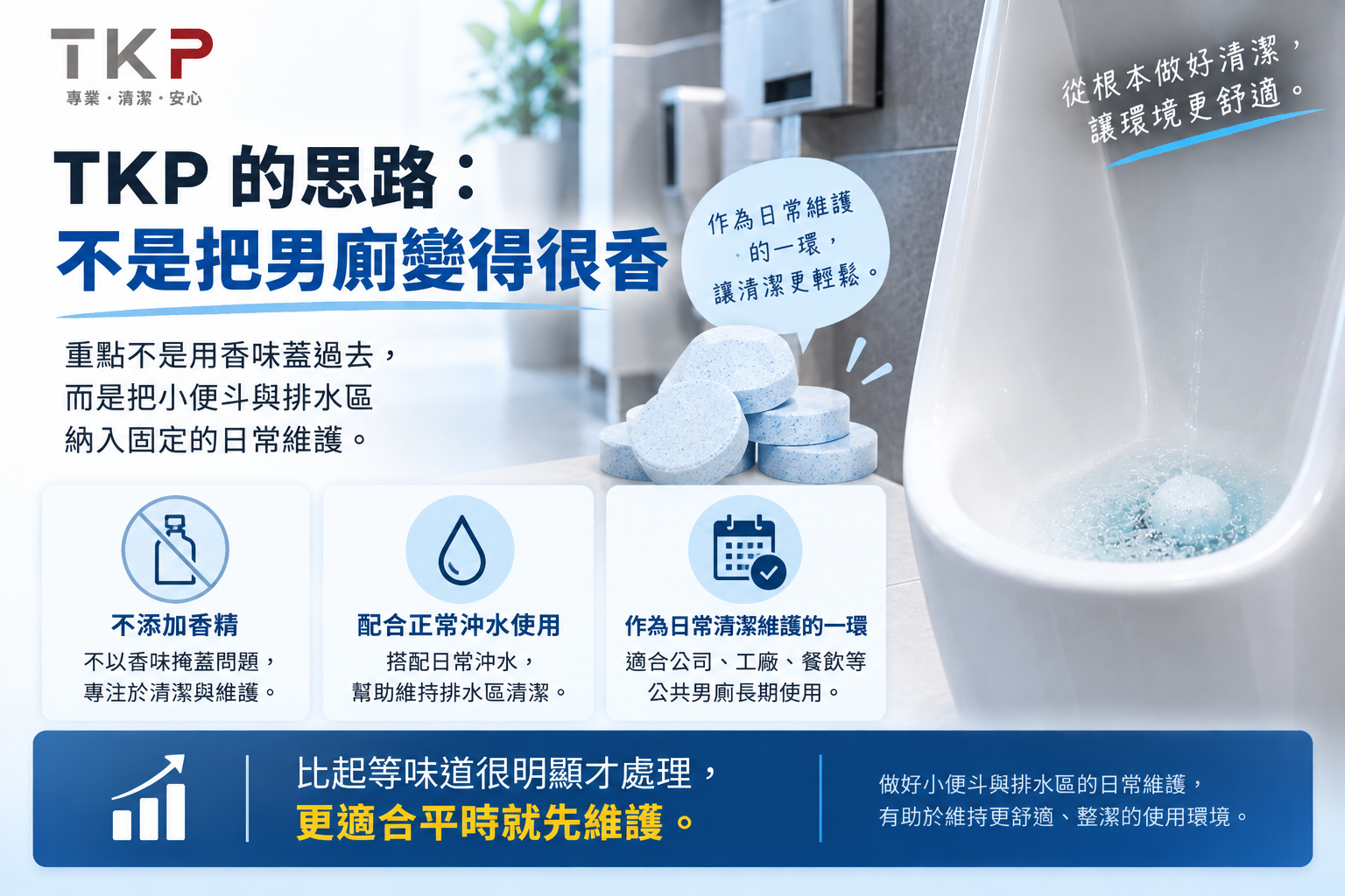 TKP小便斗消臭錠不添加香精,以
日常清潔維護為使用思路