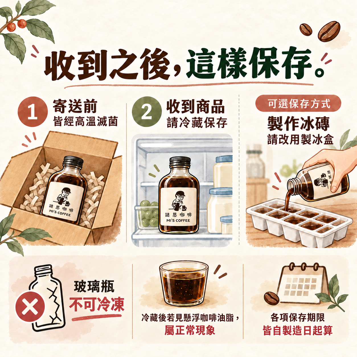 收到濃縮咖啡請冷藏;製冰請倒入製冰盒,玻璃瓶不可冷凍,冷藏後咖啡油脂懸浮屬正常現象