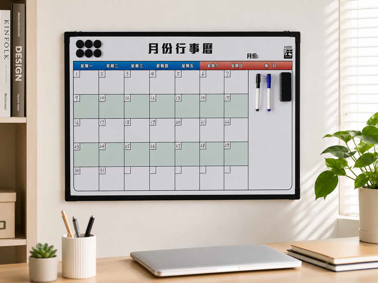 月份行事曆白板情境，書櫃在左、窗戶與植物在右