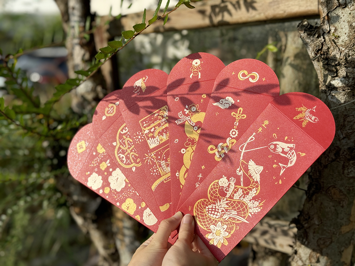 2025 Yisi‧ Year of the Snake│Handmade silk-printed red envelope bags 6 pieces double gold overprint/ Silver dot red cardboard - Chinese New Year - Paper Red